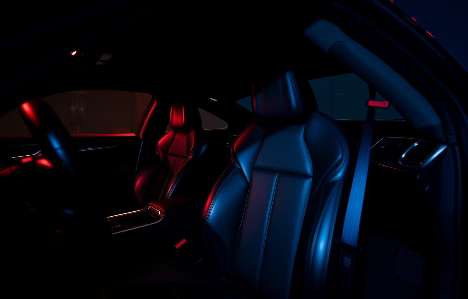 Interior auto detaliat profesional cu lumini ambientale roșu și albastru